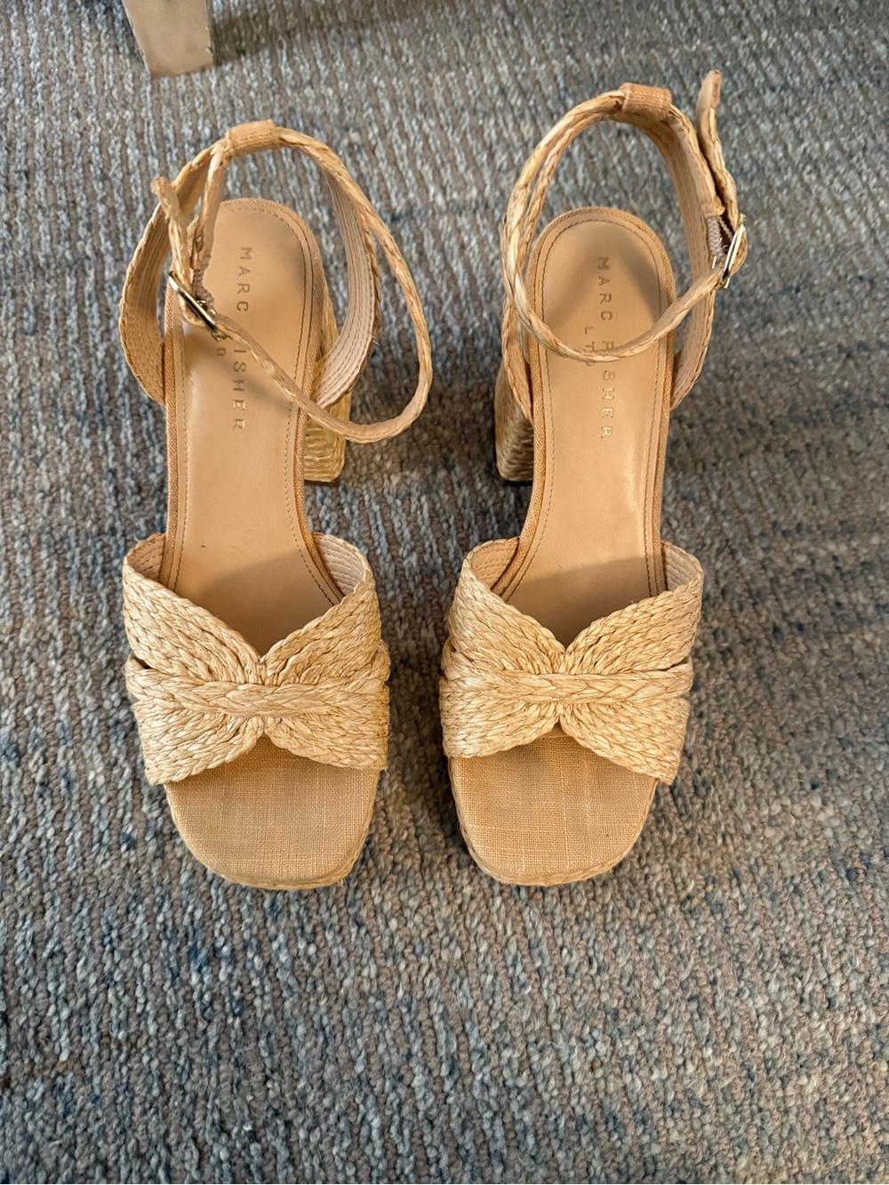 Marc Fisher Tan Braided Raffia Block Heel Sandals